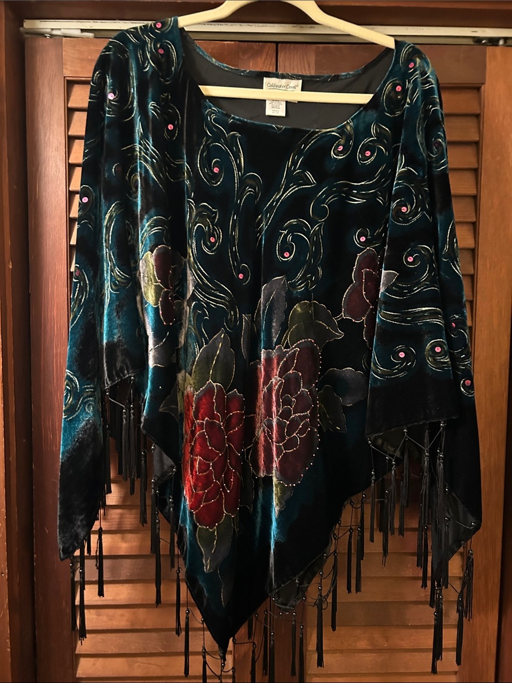 Coldwater Creek Black Velvet Floral Beaded Fringe Cape